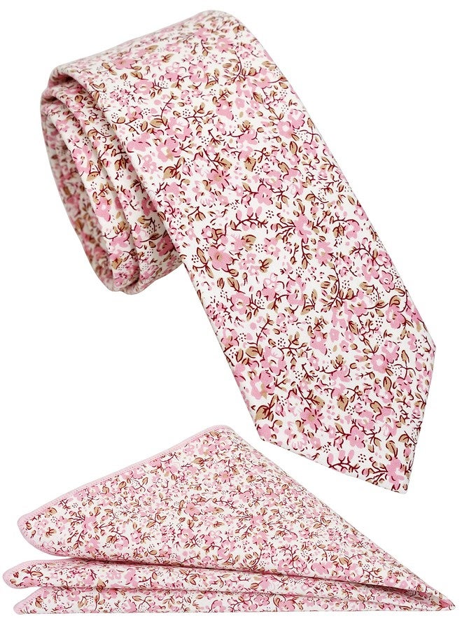 ZENXUS Mens Cotton Skinny Pink Floral Tie Combo Set with Pocket Square Pink Daisy - Image 1