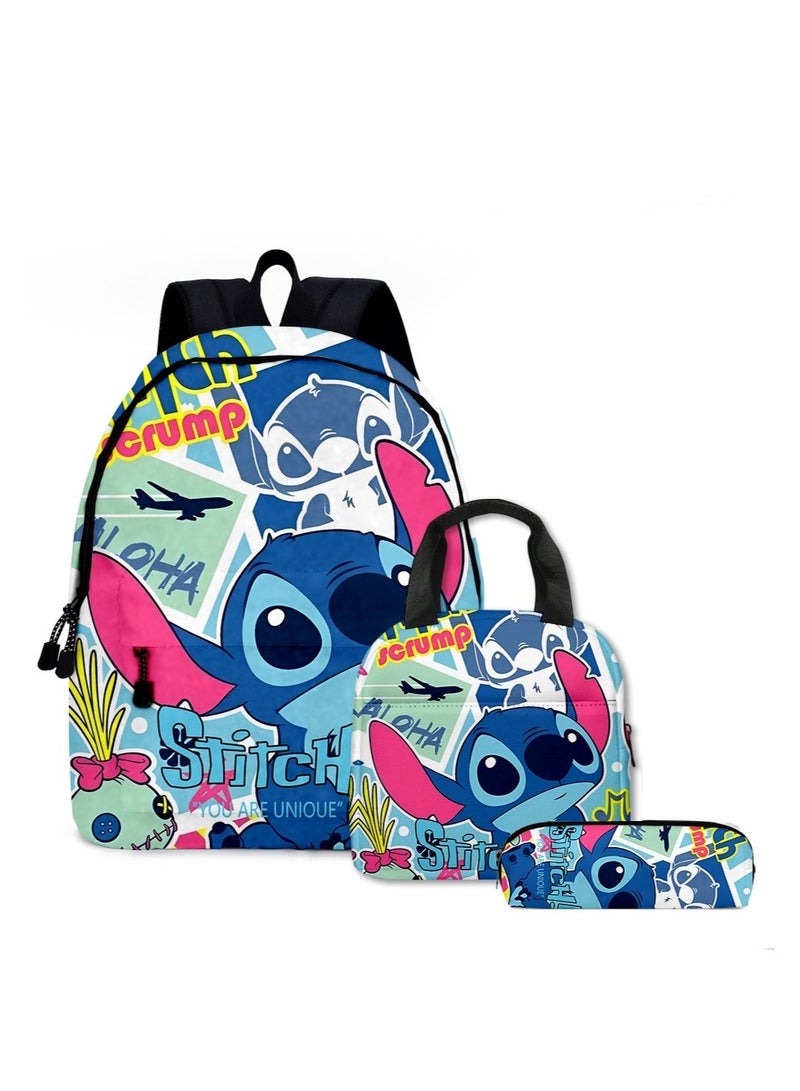 ستيتش حقيبة ظهر مدرسية جديدة برسومات كرتونية وحقيبة غداء وحقيبة أقلام للأطفال، مجموعة من ثلاث قطع لطلاب المدارس الابتدائية والثانوية 30*40*17 سم