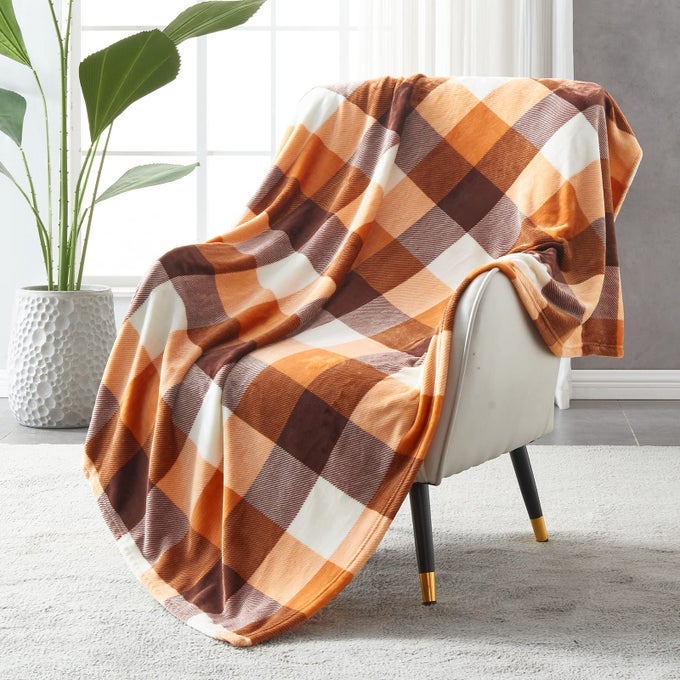 BUFFALO PLAID FLANNEL FLEECE THROW BLANKET 50 X 60 INCHES SOFT LIGHTWEIGHT COZY ALL SEASON ORANGE CHECKERED BLANKET FOR BED COUCH CAR