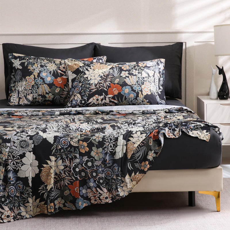 LONAVA Solid and Printed Queen Size Bed Sheet Set - 6-Piece, Includes Solid Fitted Sheet, Solid Pillowcases, OEKOTEX Certified, 100% Brushed Microfiber, Comfortable and Breathable, G24154 - Image 1