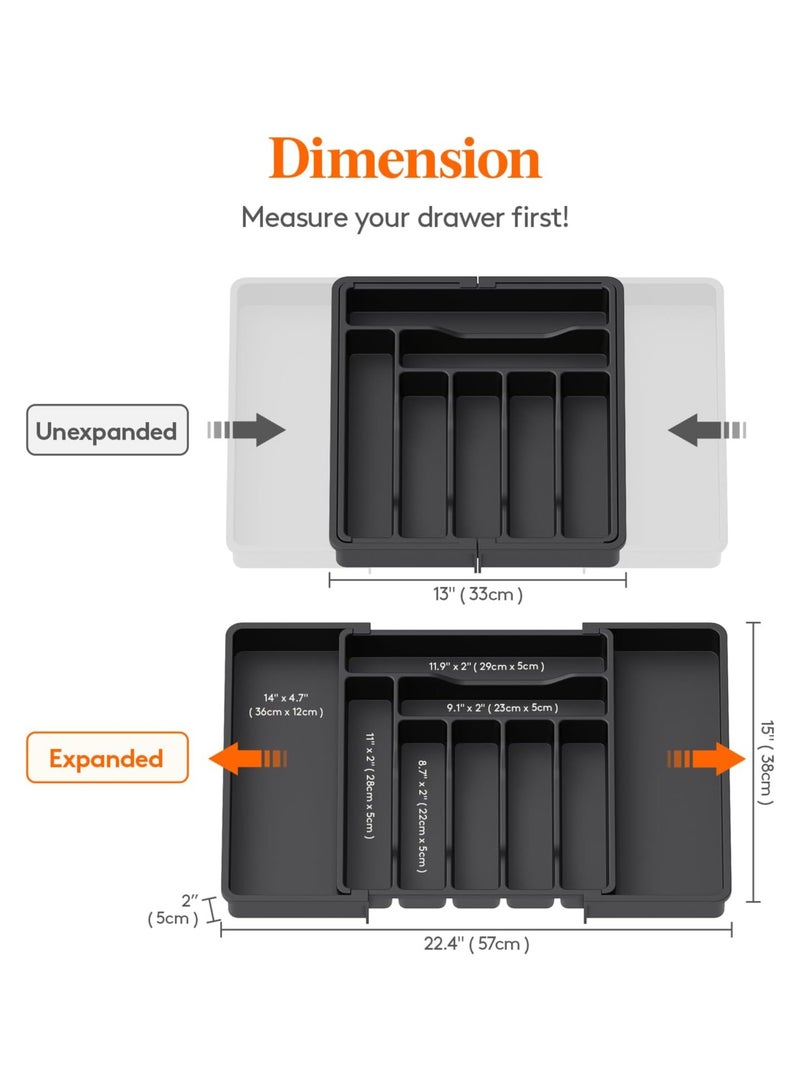 فلوشرينيك منظم أدراج، منظم أدوات قابل للتوسيع لأدراج المطبخ، صينية قابلة للتعديل لأدوات المائدة وأدوات الطعام، فواصل تخزين بلاستيكية لحفظ الملاعق والشوك والسكاكين، كبيرة، سوداء - Image 2