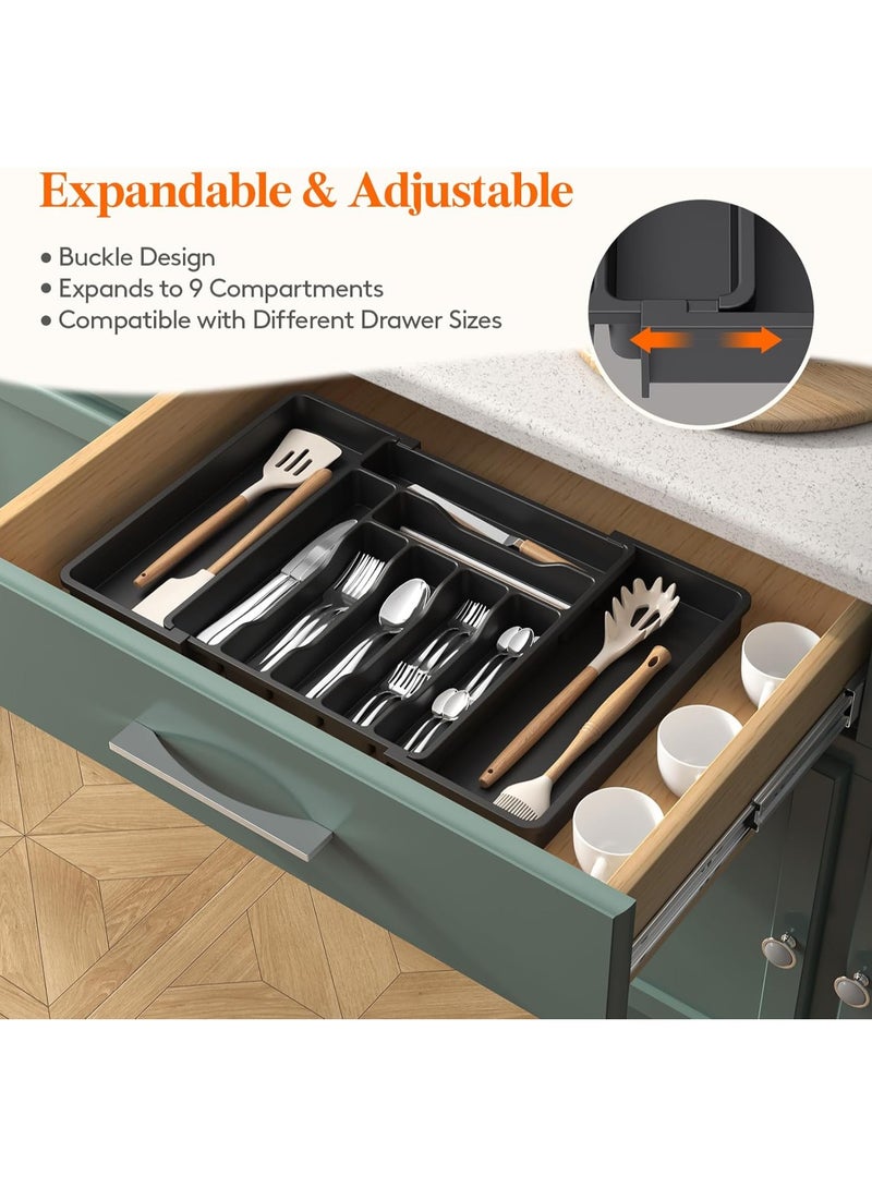 فلوشرينيك منظم أدراج، منظم أدوات قابل للتوسيع لأدراج المطبخ، صينية قابلة للتعديل لأدوات المائدة وأدوات الطعام، فواصل تخزين بلاستيكية لحفظ الملاعق والشوك والسكاكين، كبيرة، سوداء - Image 3