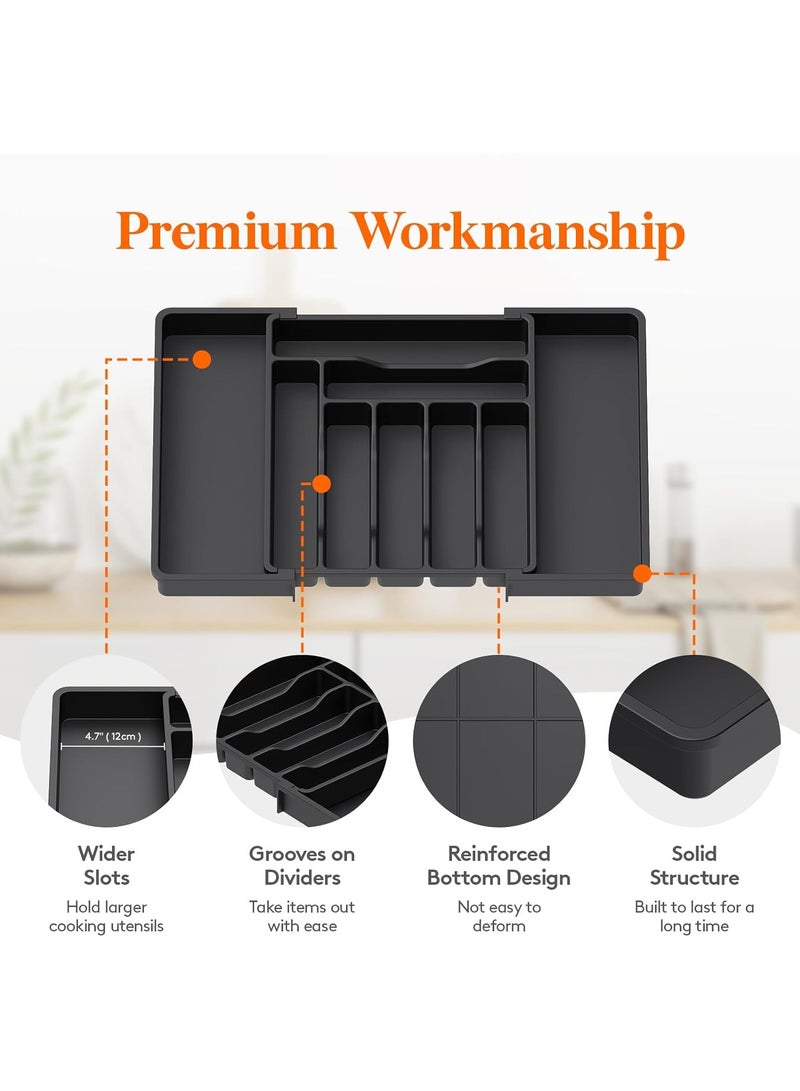 فلوشرينيك منظم أدراج، منظم أدوات قابل للتوسيع لأدراج المطبخ، صينية قابلة للتعديل لأدوات المائدة وأدوات الطعام، فواصل تخزين بلاستيكية لحفظ الملاعق والشوك والسكاكين، كبيرة، سوداء - Image 4