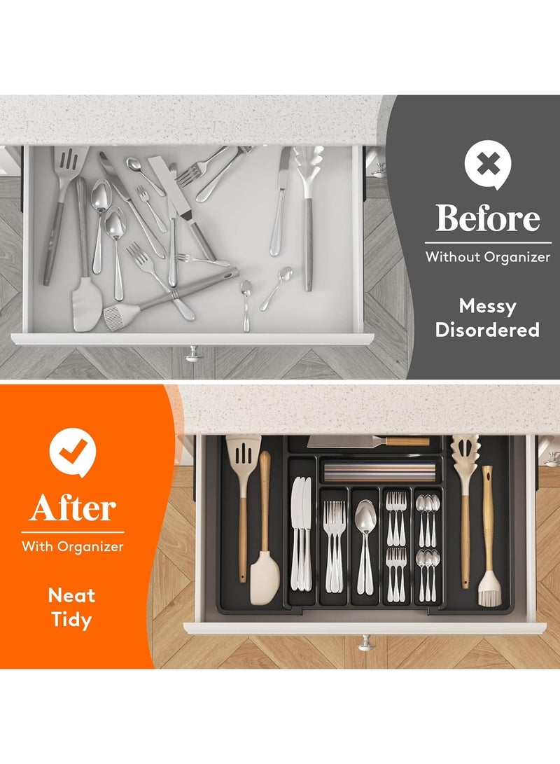 فلوشرينيك منظم أدراج، منظم أدوات قابل للتوسيع لأدراج المطبخ، صينية قابلة للتعديل لأدوات المائدة وأدوات الطعام، فواصل تخزين بلاستيكية لحفظ الملاعق والشوك والسكاكين، كبيرة، سوداء - Image 5