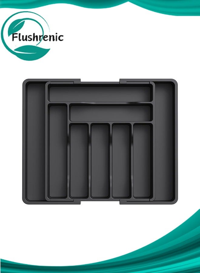 فلوشرينيك منظم أدراج، منظم أدوات قابل للتوسيع لأدراج المطبخ، صينية قابلة للتعديل لأدوات المائدة وأدوات الطعام، فواصل تخزين بلاستيكية لحفظ الملاعق والشوك والسكاكين، كبيرة، سوداء - Image 1