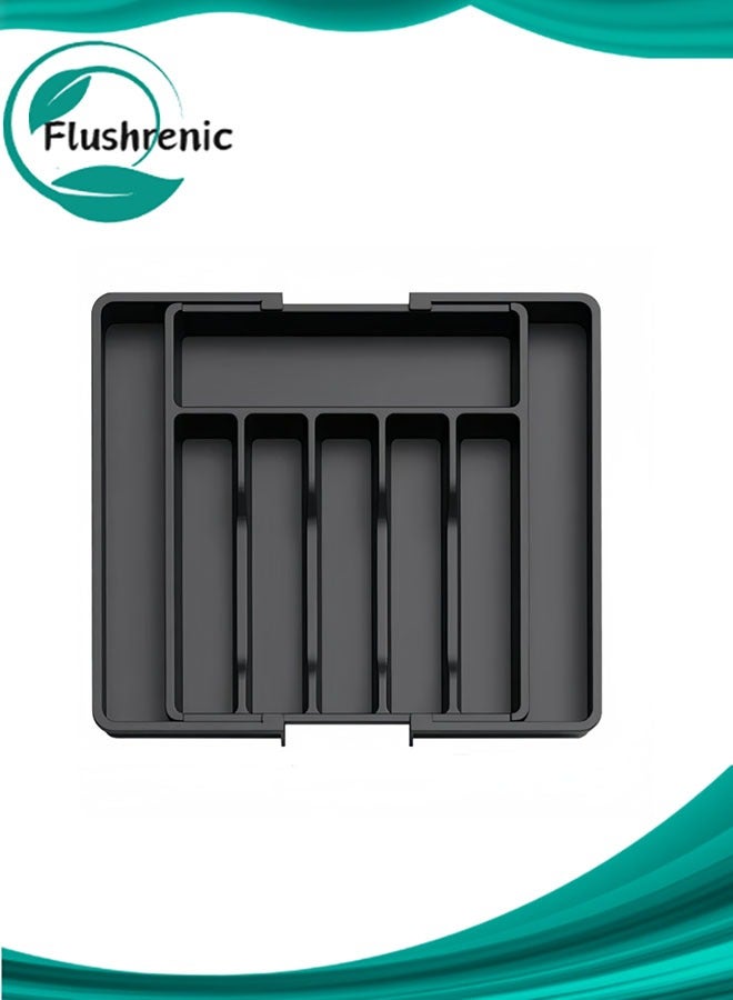 فلوشرينيك منظم أدراج، منظم أدوات قابل للتوسيع لأدراج المطبخ، صينية قابلة للتعديل لأدوات المائدة وأدوات الطعام، فواصل تخزين بلاستيكية لحفظ الملاعق والشوك والسكاكين، كبيرة، سوداء - Image 1