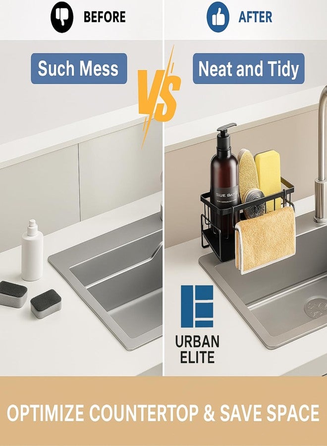 Urban Elite Premium Metal Sponge Holder for Kitchen Sink - Auto-Draining Sink Organizer Caddy with Soap Tray, Dish Brush & Towel-Bar Holder, Kitchen Storage Rack (Black) (Sink Organiser Rack) - Image 5