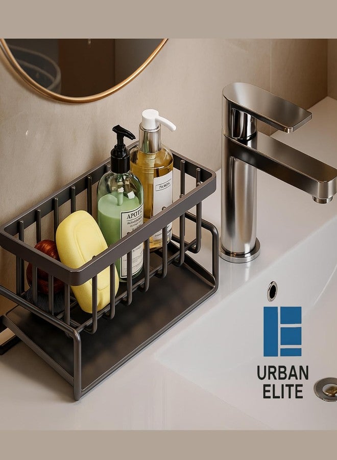 Urban Elite Premium Metal Sponge Holder for Kitchen Sink - Auto-Draining Sink Organizer Caddy with Soap Tray, Dish Brush & Towel-Bar Holder, Kitchen Storage Rack (Black) (Sink Organiser Rack) - Image 4