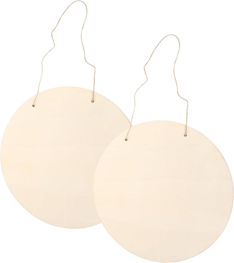 Veemoon 2 Sets 30cm Unfinished Round Wooden Signs with Hemp Rope for DIY Crafts Blank Wood Circles for Door Hangers and Wood Burning Art for Home Decoration and Holiday Projects - Image 1