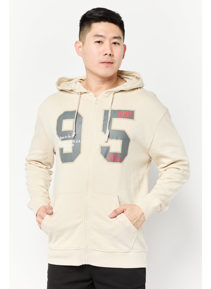 Paul Frank Men Graphic Print Long Sleeve Hooded Sweatshirt, Beige  - Image 1