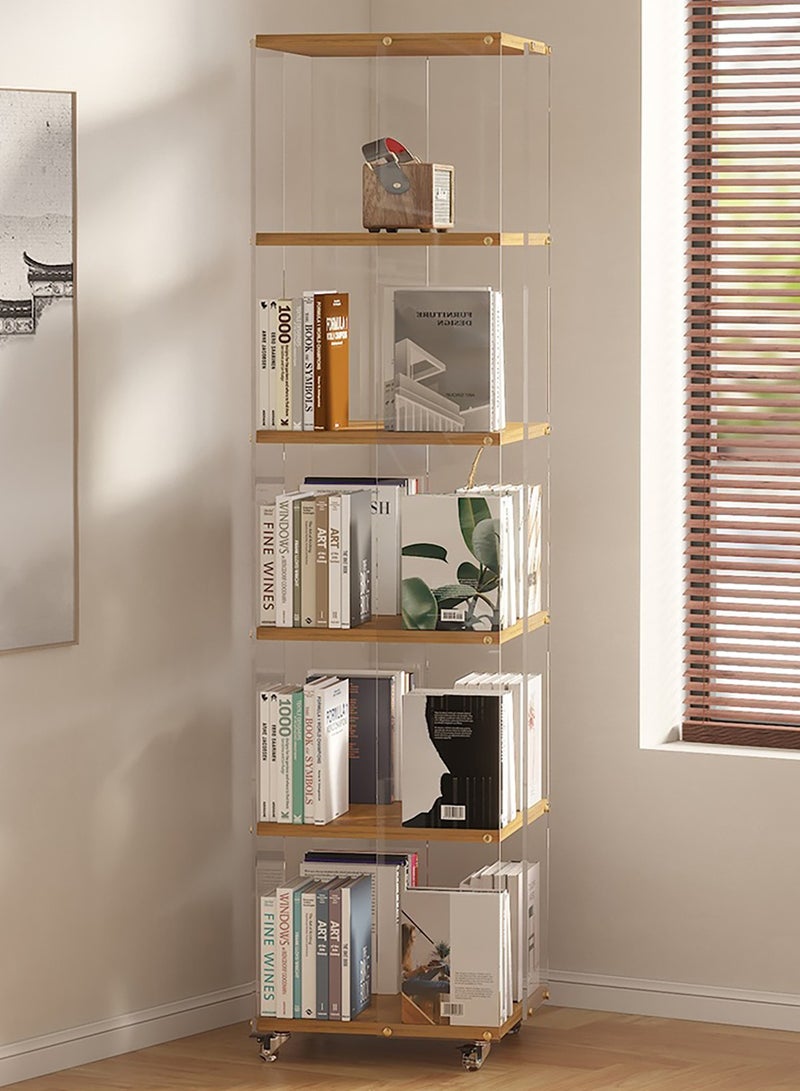 YY-ريشير رف كتب قابل للدوران 360 درجة، رف عرض متحرك، رف تخزين من 5 طبقات، خزانة كتب أكريليك مع عجلات للمنزل وغرفة المعيشة وغرفة النوم - Image 1