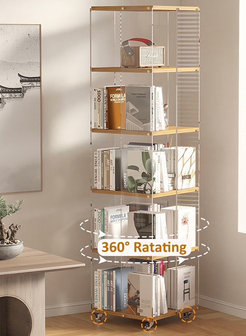 YY-ريشير رف كتب قابل للدوران 360 درجة، رف عرض متحرك، رف تخزين من 5 طبقات، خزانة كتب أكريليك مع عجلات للمنزل وغرفة المعيشة وغرفة النوم - Image 2