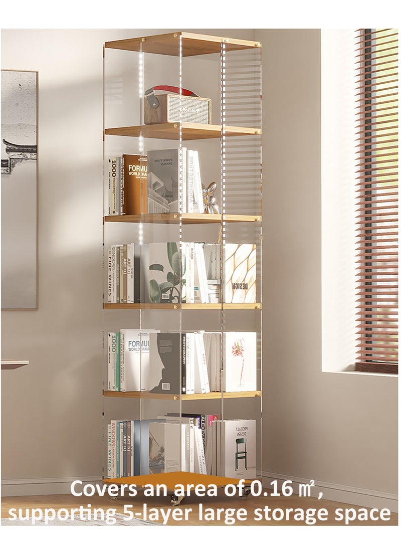 YY-ريشير رف كتب قابل للدوران 360 درجة، رف عرض متحرك، رف تخزين من 5 طبقات، خزانة كتب أكريليك مع عجلات للمنزل وغرفة المعيشة وغرفة النوم - Image 3