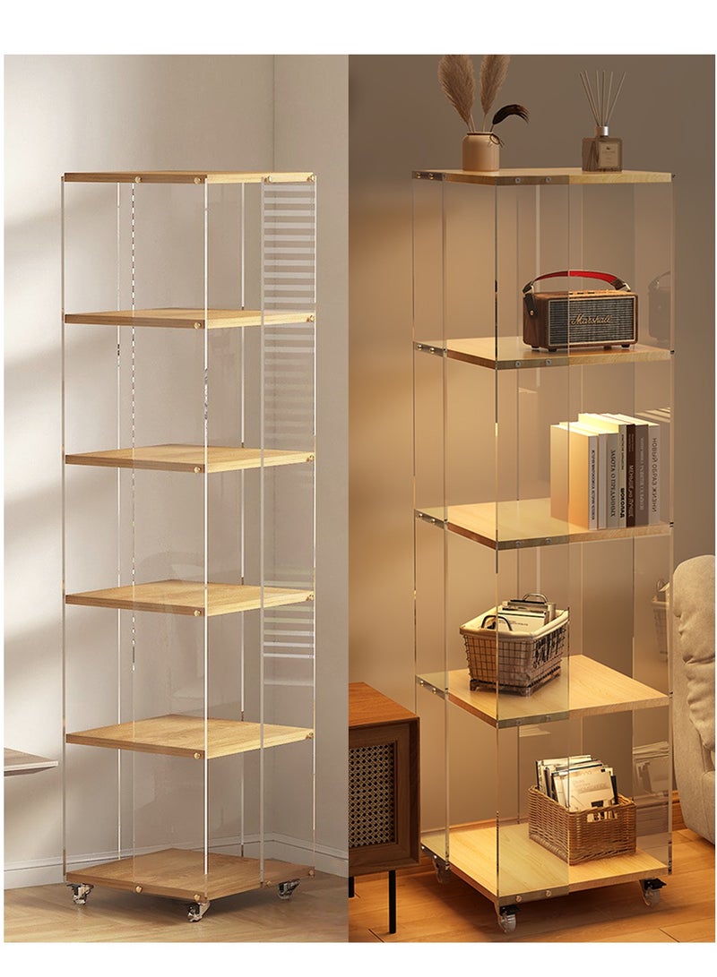 YY-ريشير رف كتب قابل للدوران 360 درجة، رف عرض متحرك، رف تخزين من 5 طبقات، خزانة كتب أكريليك مع عجلات للمنزل وغرفة المعيشة وغرفة النوم - Image 5