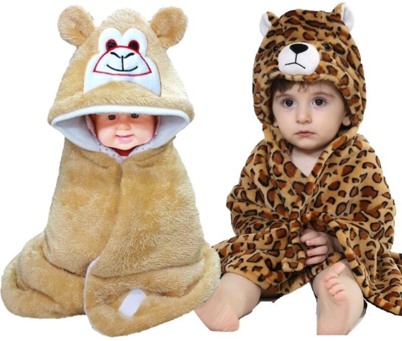 BRANDONN Newborn Combo of 3D Tiger Printed and Furry Glacier Hooded Smily Baby Blanket and Premium Glacier Hooded Baby Wrapper(Pack of 2, Beige-Tiger)… - Image 1