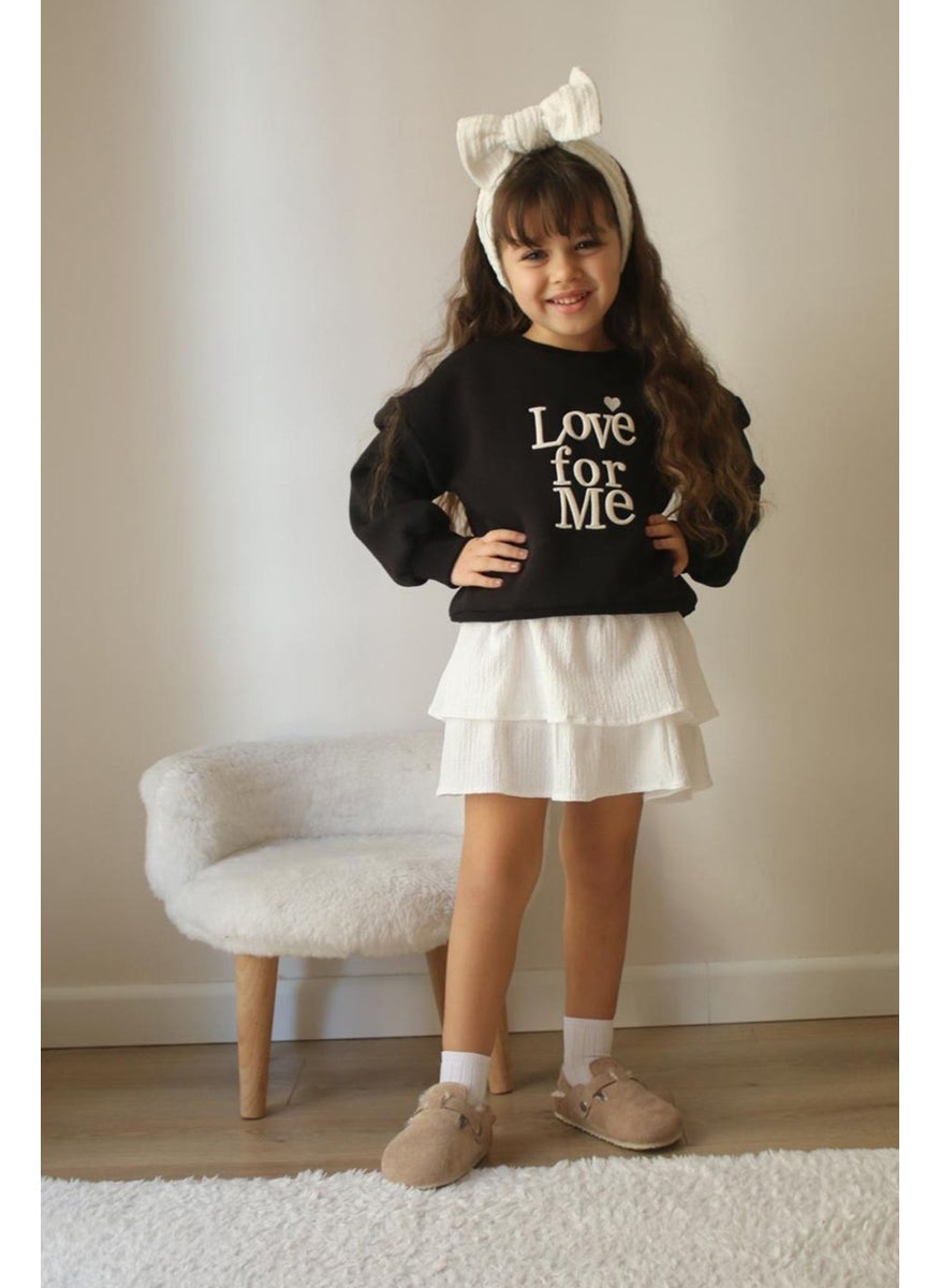Miniğimin Cicileri - My Little Ones Love Forme Embroidered Sweat Skirt Girl's Set - Black - Image 1