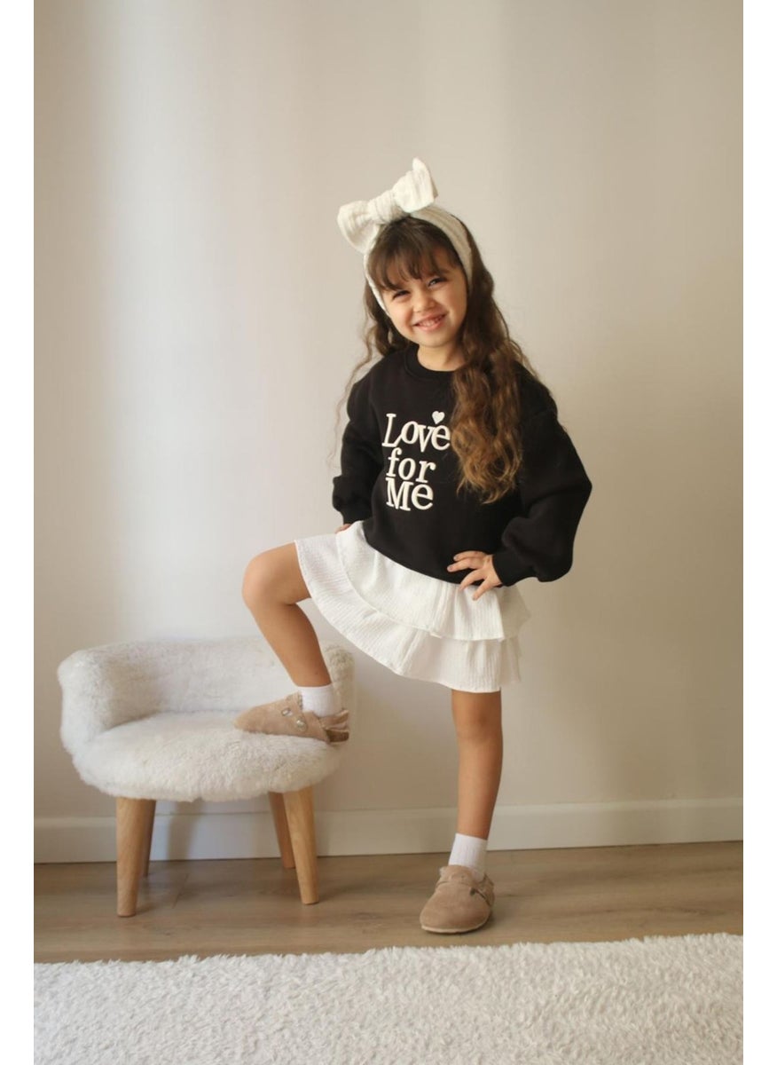 Miniğimin Cicileri - My Little Ones Love Forme Embroidered Sweat Skirt Girl's Set - Black - Image 1