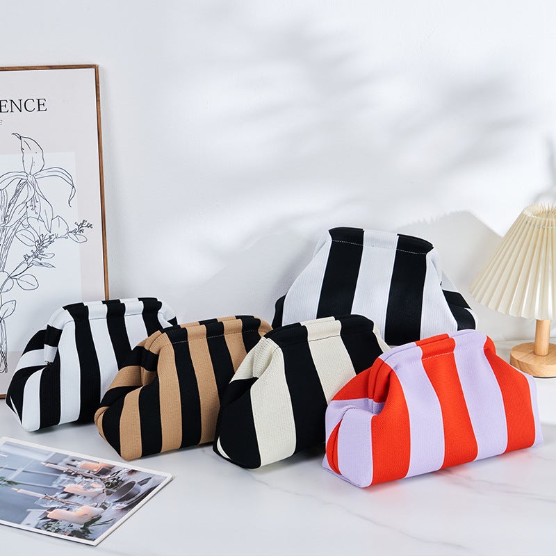 Fashionable New Knitted Beach Clutch Striped Contrast Color Cloud Bag Large Capacity Storage Daily Versatile Cosmetic Bag - Image 5