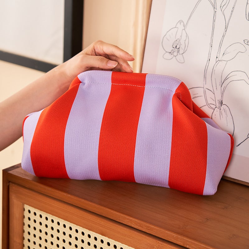 Fashionable New Knitted Beach Clutch Striped Contrast Color Cloud Bag Large Capacity Storage Daily Versatile Cosmetic Bag - Image 3