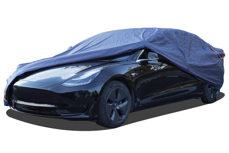 Tesla Model 3 Car Cover Waterproof All Weather 6 Layers Outdoor Full Exterior Cover Rain Sun UV Snowproof Protection with Zipper Cotton Mirror Pocket and Charging Port