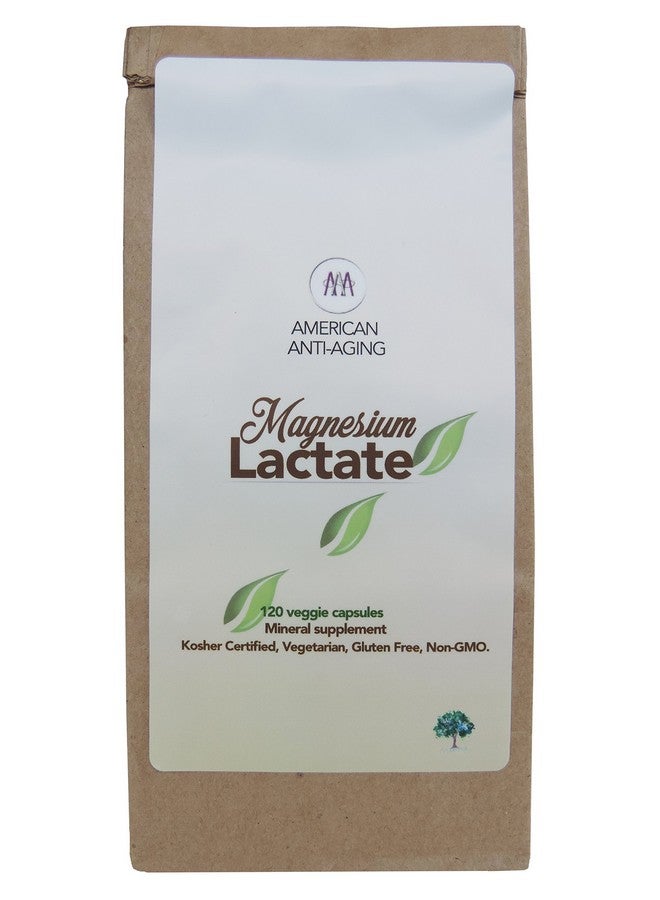 American Anti Aging Magnesium Lactate 500 mg, 120 Easy to Swallow Small Vegetarian Capsules. Doctor formulated. High Absorption. Recycled Eco-Friendly Paper Bags for Original Purchases or Bottle Refills. Made in USA.  - Image 1
