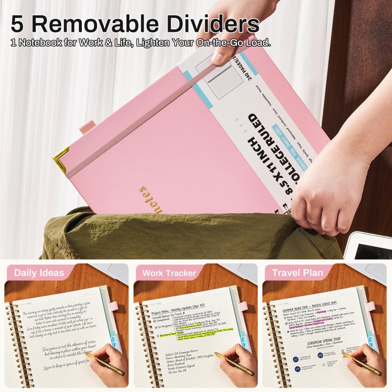 Ovesmusl Hardcover Spiral Notebooks 8.5" X 11" Note Taking 5 Subject Notebook College Ruled with Dividers 240 Pages 100GSM Aesthetic Spiral Notebook for Work School Cute Journals for Women Writing, Light Pink - Image 3
