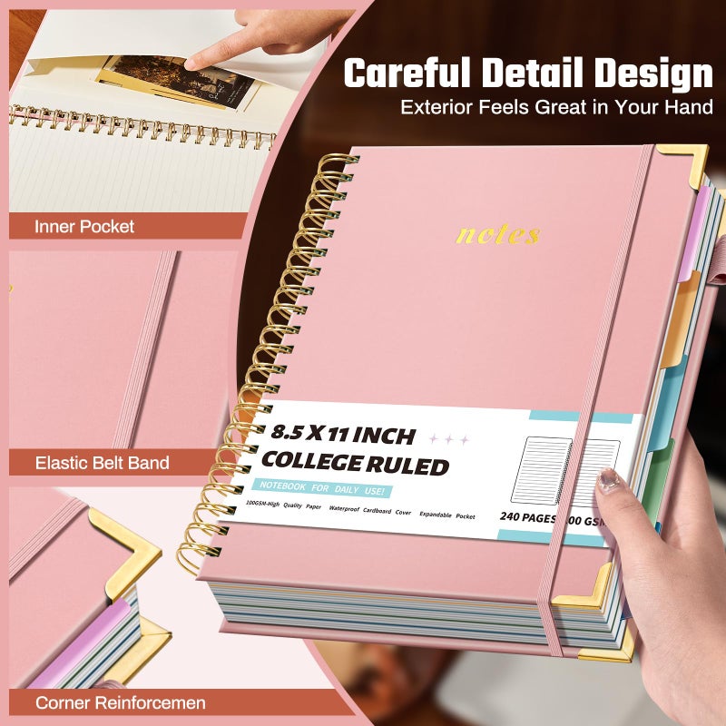 Ovesmusl Hardcover Spiral Notebooks 8.5" X 11" Note Taking 5 Subject Notebook College Ruled with Dividers 240 Pages 100GSM Aesthetic Spiral Notebook for Work School Cute Journals for Women Writing, Light Pink - Image 4