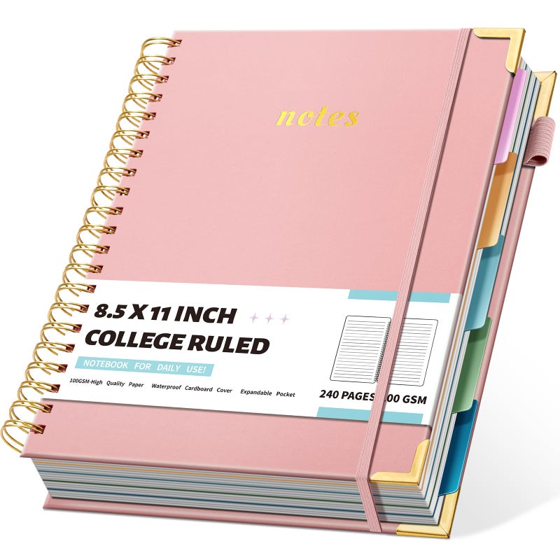 Ovesmusl Hardcover Spiral Notebooks 8.5" X 11" Note Taking 5 Subject Notebook College Ruled with Dividers 240 Pages 100GSM Aesthetic Spiral Notebook for Work School Cute Journals for Women Writing, Light Pink - Image 1