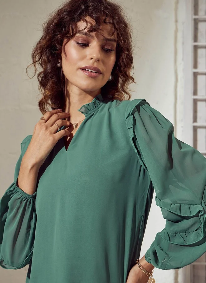 SASSAFRAS Sea Green V-Neck Puff Sleeves Ruffled Top for Women