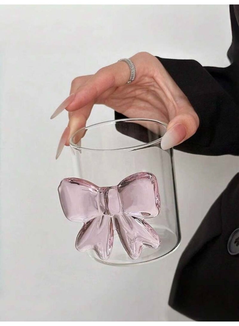 YOLOLAND Clear Glass Matcha Cup 300ml Transparent Coffee Mug with Pink Bow for Milk Juice Iced Coffee Water Daily Use - Image 3