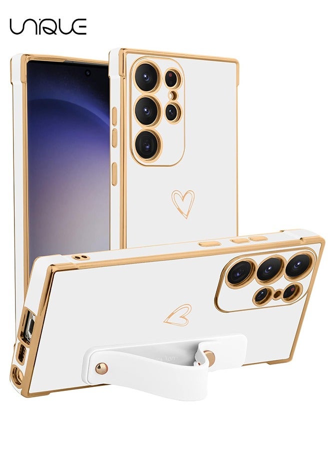 Unique Compatible Samsung Galaxy S23 Ultra 5G Enclosure with Finger Strap Luxury Cute Heart Electroplating Phone Case Full Body Protection Stand Cover for Galaxy S23 Ultra 5G 2023 Female Girl - White - Image 1