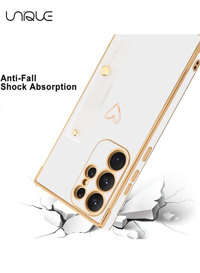 Unique Compatible Samsung Galaxy S23 Ultra 5G Enclosure with Finger Strap Luxury Cute Heart Electroplating Phone Case Full Body Protection Stand Cover for Galaxy S23 Ultra 5G 2023 Female Girl - White - Image 3
