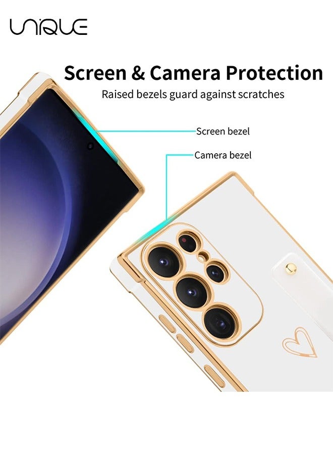 Unique Compatible Samsung Galaxy S23 Ultra 5G Enclosure with Finger Strap Luxury Cute Heart Electroplating Phone Case Full Body Protection Stand Cover for Galaxy S23 Ultra 5G 2023 Female Girl - White - Image 2