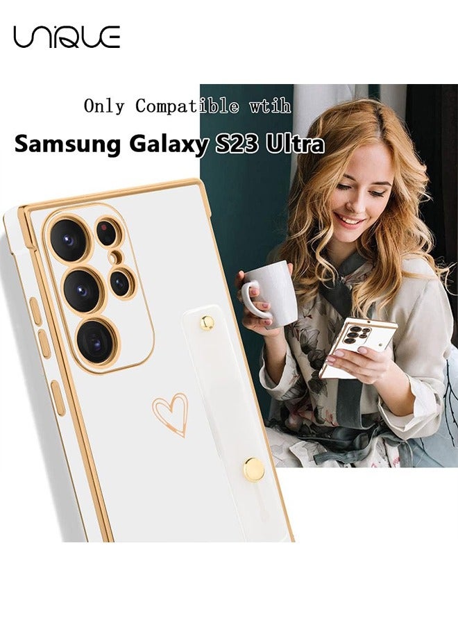 Unique Compatible Samsung Galaxy S23 Ultra 5G Enclosure with Finger Strap Luxury Cute Heart Electroplating Phone Case Full Body Protection Stand Cover for Galaxy S23 Ultra 5G 2023 Female Girl - White - Image 5