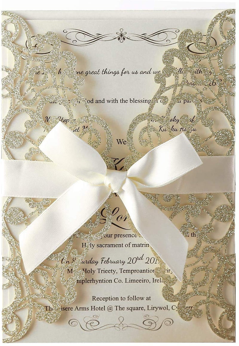 Hosmsua 50PCS Light Gold Glitter Laser Cut Wedding Invitations with bowknot and Envelopes 512 x 73 Blank Invitations for Wedding Bridal Shower Engagement Birthday Invitation Champagne Glitter