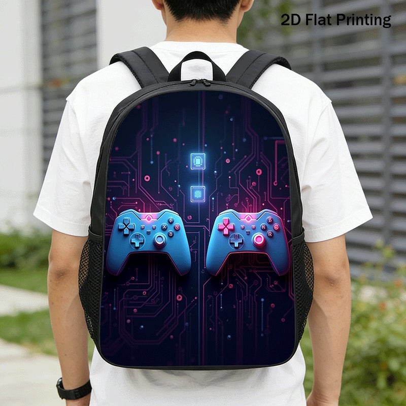 Fashion vibrant neon game controllers Backpack Durable Multi Pocket 2D Flat Print for weekend outdoor party for Unisex - Image 1