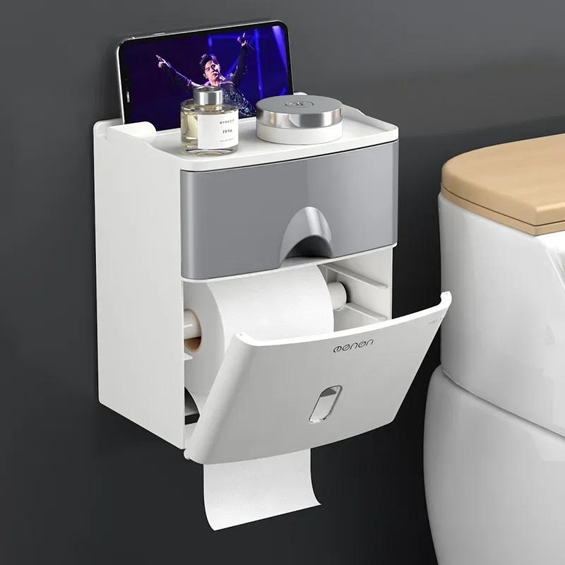 Double-Layer Toilet Paper Holder Waterproof Non-Perforated Design - Stylish Tissue Box for Home Bathroom Use - Image 3