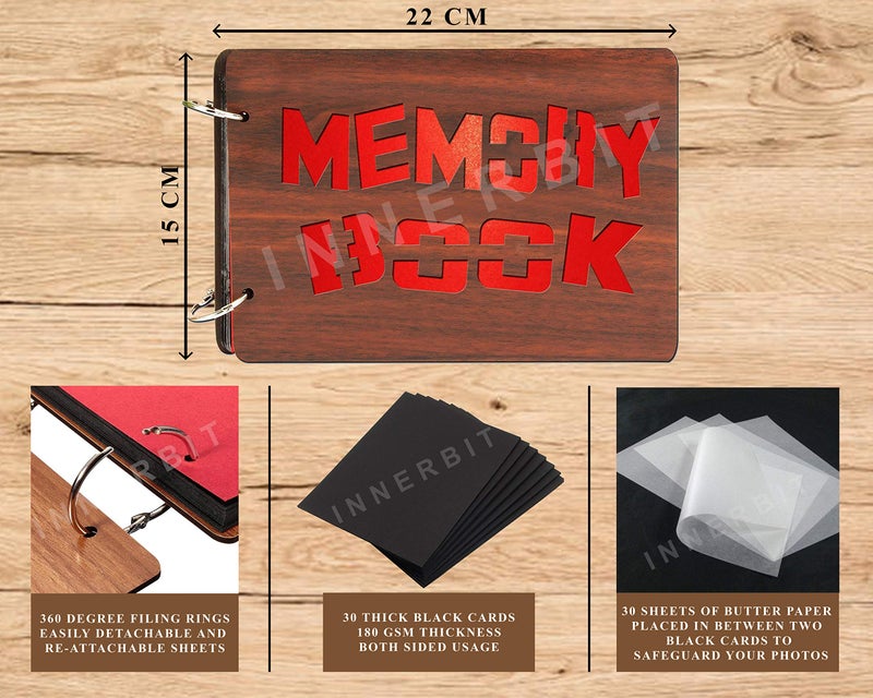 innerbit® 'Memory Book' Artistic Wooden Photo Album Scrap Book 30 Pages - Size (22 cm x 15 cm) Gift Item - Image 2