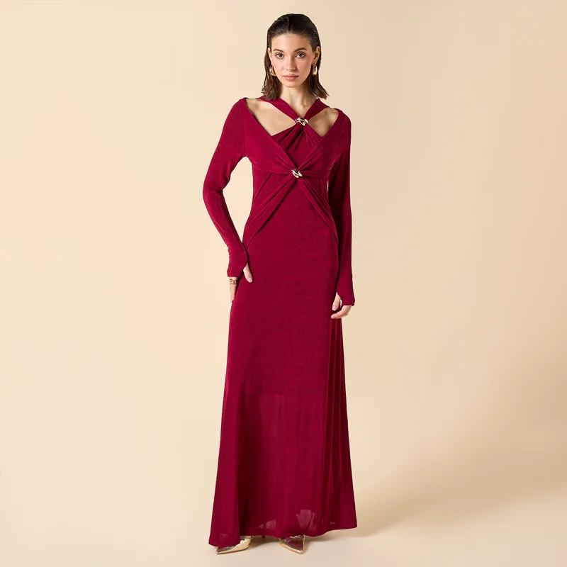 2Xtremz 2Xtremz Halter Neck Maxi Dress with Long Sleeves and Twisted Detail