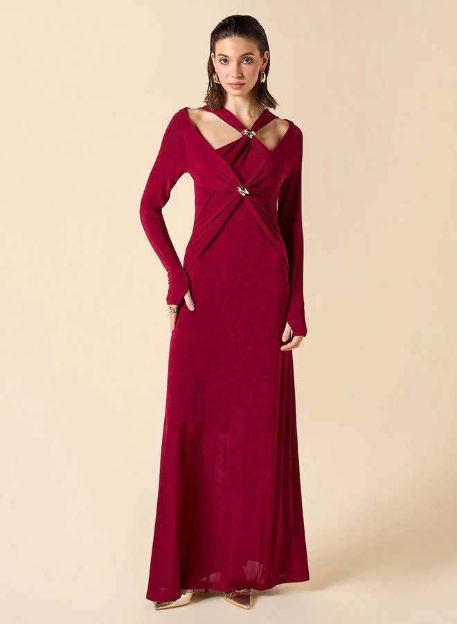 2Xtremz 2Xtremz Halter Neck Maxi Dress with Long Sleeves and Twisted Detail