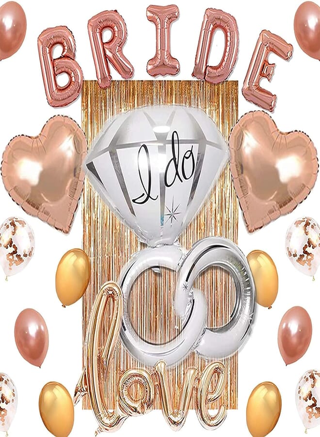 Secret Bachelorette Party Decorations Set Bridal Shower Pack Kit Includes 1 Foil Curtain 1 Bride, 1 Love, 1 Ring, 2 Heart, 2 Star, 6 Gold, 6 Confetti ,6 Rose Gold Balloons.