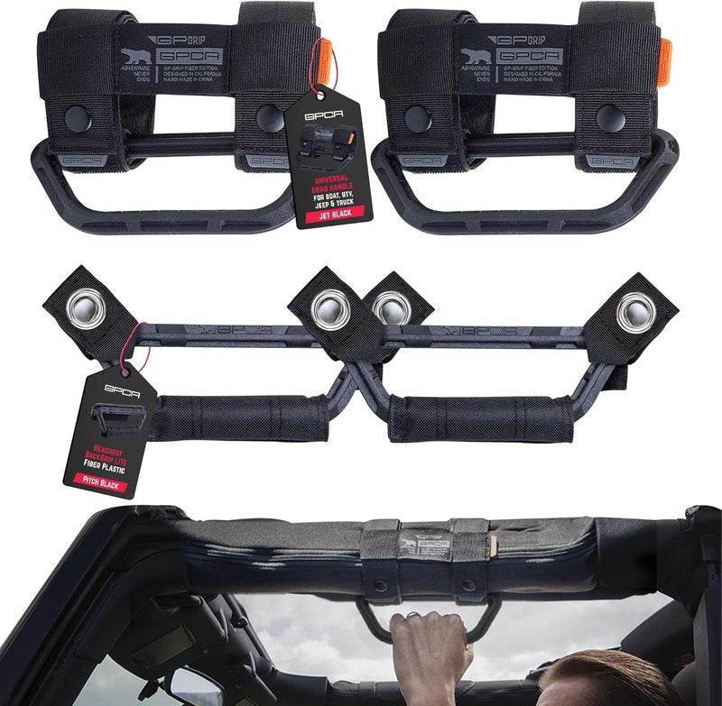 GPCA Universal Grab Handle for Jeep Wrangler(1997-2023), UTVs, ATV, Boats and More, Foldable Roll Bar Grab Handle & Headrest Hand Grip Combo Pack (2+2pack, Black) - Image 1