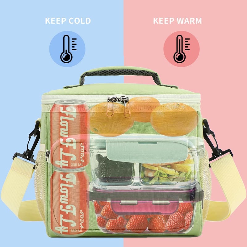 FlowFly Insulated Reusable Lunch Bag Adult Large Lunch Box for Women and Men with Adjustable Shoulder Strap,Front Zipper Pocket and Dual Large Mesh Side Pockets,Light Matcha - Image 2