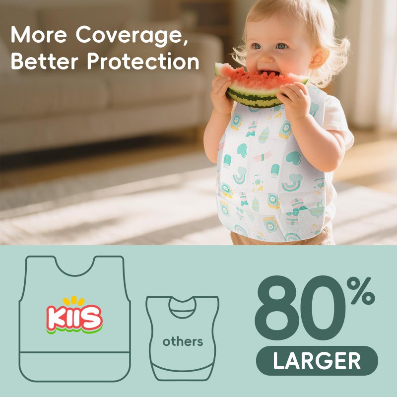 KIIS Disposable Baby Bibs for Travel - Waterproof Baby Smock Bibs for Eating, Toddlers & Kids - Travel & Daycare Essentials for Mess-Free Meals, 20 Count, Green Baby Cow - Image 2