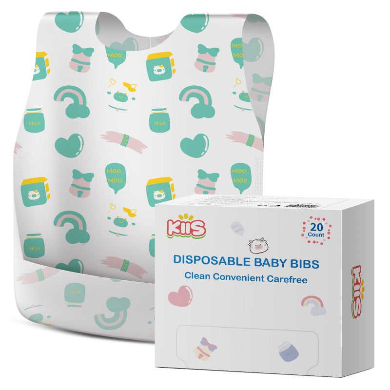 KIIS Disposable Baby Bibs for Travel - Waterproof Baby Smock Bibs for Eating, Toddlers & Kids - Travel & Daycare Essentials for Mess-Free Meals, 20 Count, Green Baby Cow - Image 1