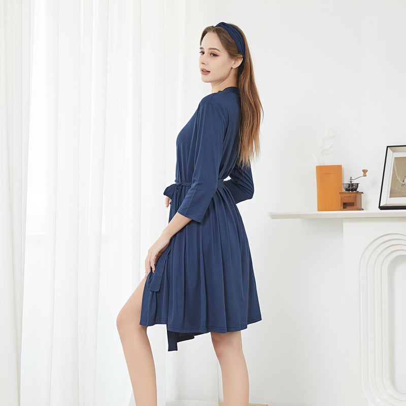 Galabloomer Maternity Robe and Baby Receiving Blanket, Matching Mommy Labor Delivery Robe and Swaddle Set Navy blue - Image 3