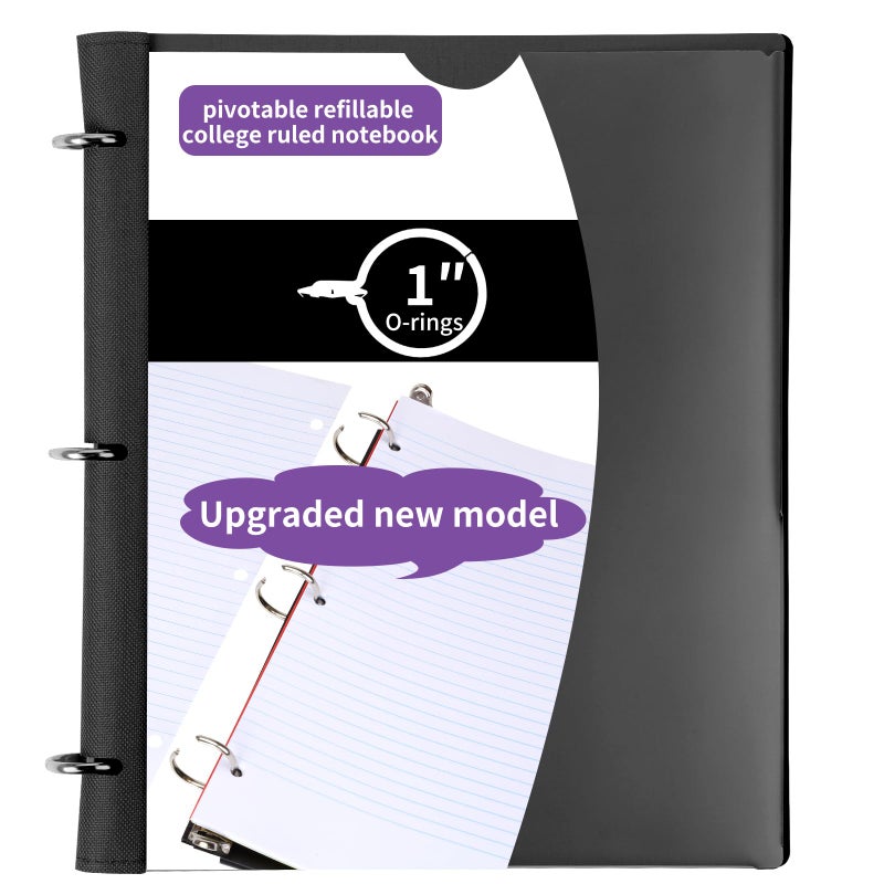Tashkummy Pivotable Refillable Notebook, Upgraded 1 Inch 3 Ring Notebook Binder, 50 College Ruled Paper, 5 Subject Notebook with Dividers and Folder Pockets, Tabs- Black - Image 1