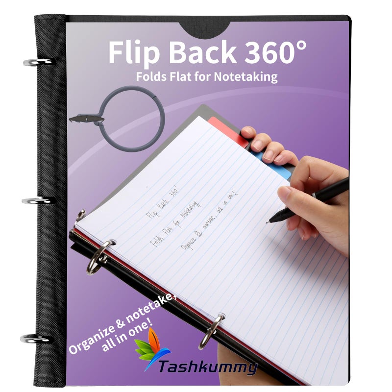 Tashkummy Pivotable Refillable Notebook, Upgraded 1 Inch 3 Ring Notebook Binder, 50 College Ruled Paper, 5 Subject Notebook with Dividers and Folder Pockets, Tabs- Black - Image 4