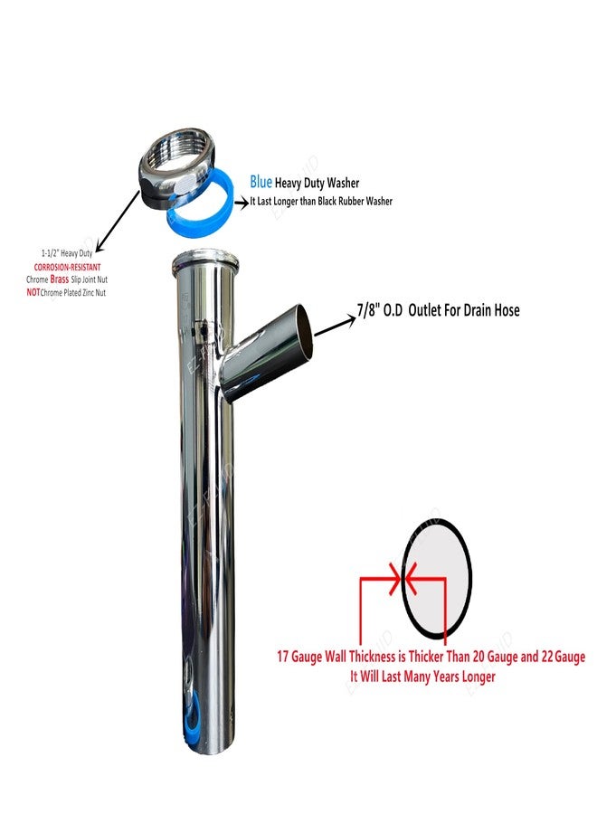EZ-Fluid Plumbing Heavy Duty 17GA Chrome Brass 1-1/2" X 8" Dishwasher Branch Tailpiece w/Slip Joint Nut Connection with 7/8" Dishwasher Drain Hose Outlet,Brass Nut,Flanged Sink Drainage Pipe,P-Trap. - Image 3
