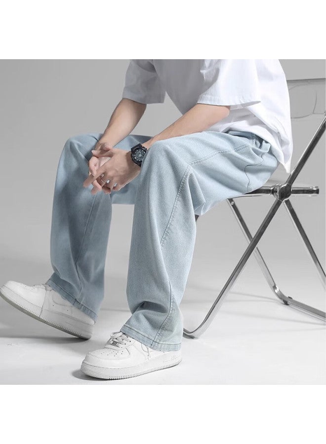 Wassup Sohot Men's Jeans Autumn Breathable Straight Loose Trendy Wide-leg Casual Pants Light Blue 2XL - Image 2
